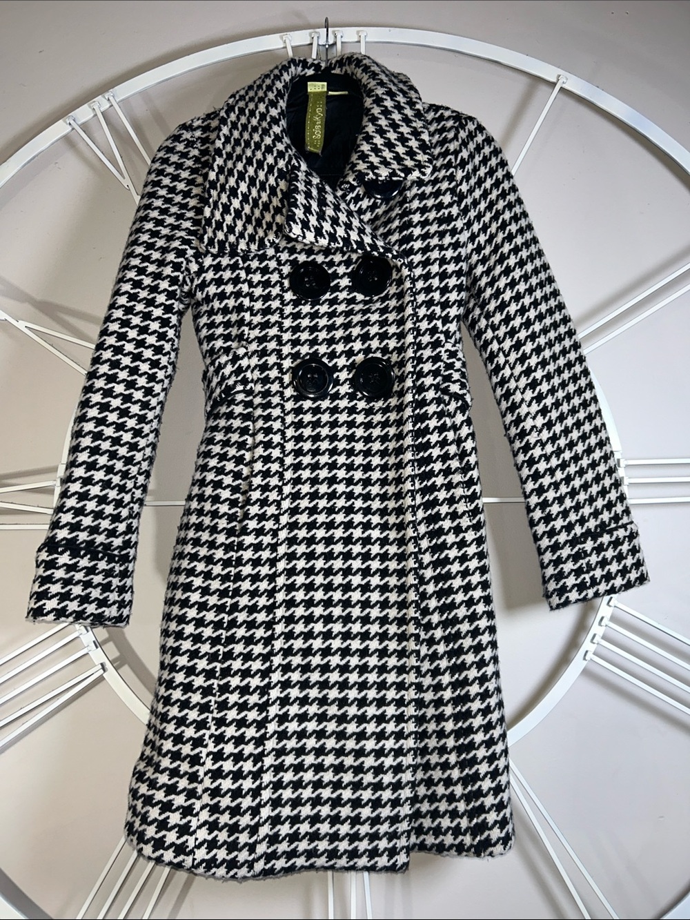 Soia & Kyo “Gemma” Black and White Houndstooth Double-Breasted Belted Pea Coat
